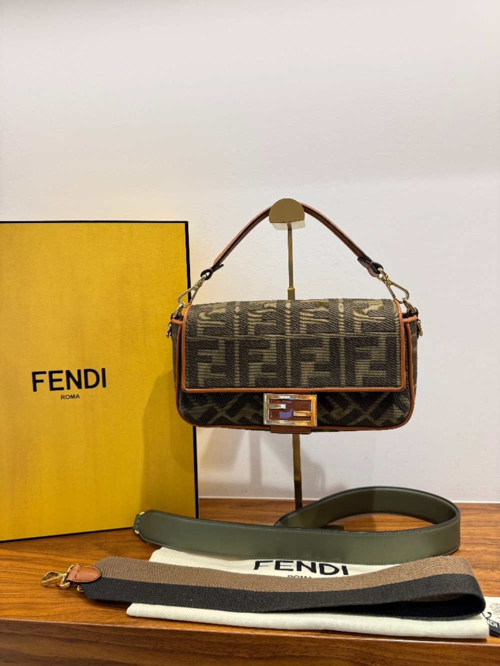 Fendi Baguette Monogram in Khaki and Brown Monogram with Extra Leather Strap